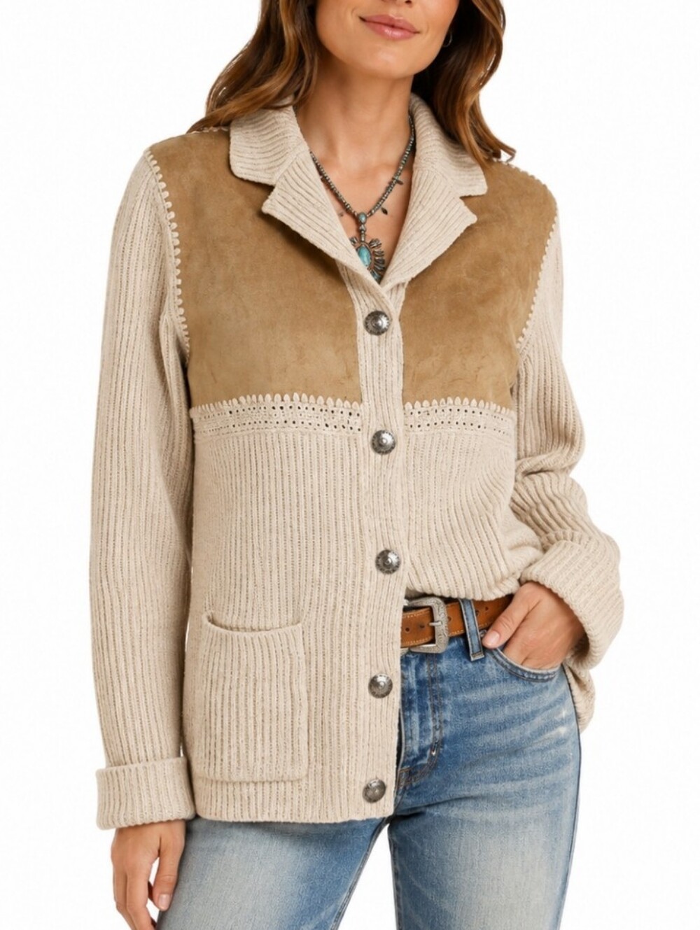 Lauren Ralph Lauren Suede Panel Ribbed Knit Western Cardigan Jacket M Silk Linen